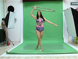 huge mammories Nicole on the green screen stretching
